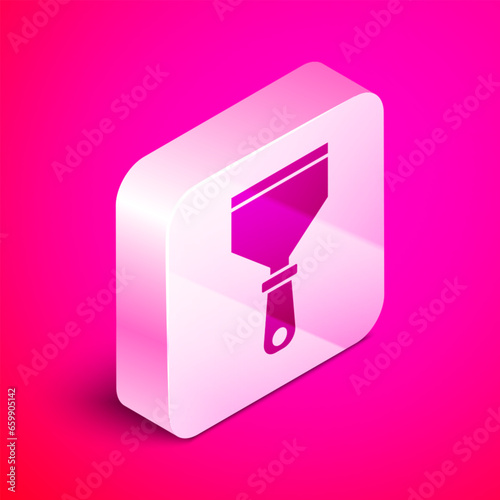 Isometric Putty knife icon isolated on pink background. Spatula repair tool. Spackling or paint instruments. Silver square button. Vector