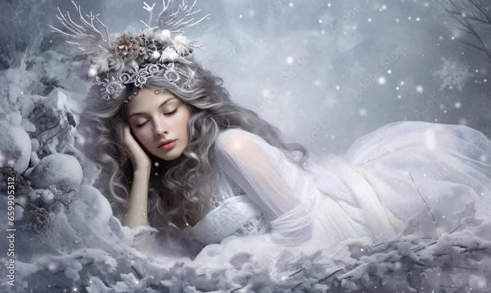 A young woman representing a sleeping winter queen in a magical landscape with a Christmas touch. A Christmas card come to life. AI digital A young woman representing a sleeping winter queen in a magical landscape with a Christmas touch. A Christmas card come to life. AI digital