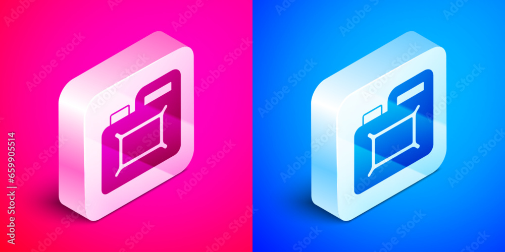 Isometric Canister for motor machine oil icon isolated on pink and blue background. Oil gallon. Oil change service and repair. Engine oil sign. Silver square button. Vector