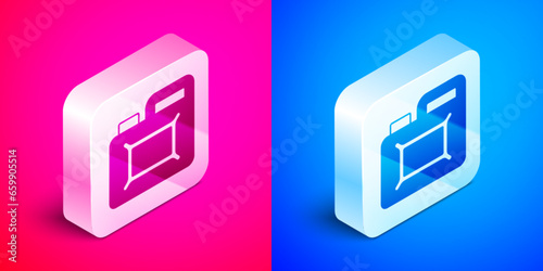 Isometric Canister for motor machine oil icon isolated on pink and blue background. Oil gallon. Oil change service and repair. Engine oil sign. Silver square button. Vector