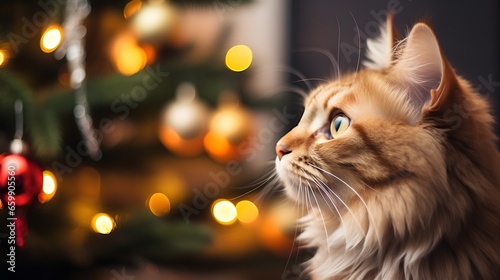 Home cat looking to Christmas tree bauble ornaments adorned with twinkling lights. Warm, cosy, and comfortable vibe, capturing the essence of a peaceful holiday season spent indoors.