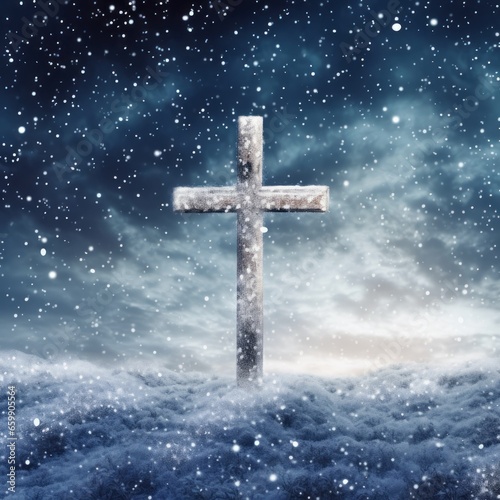 Cross with snowfall in the sky © ColdFire