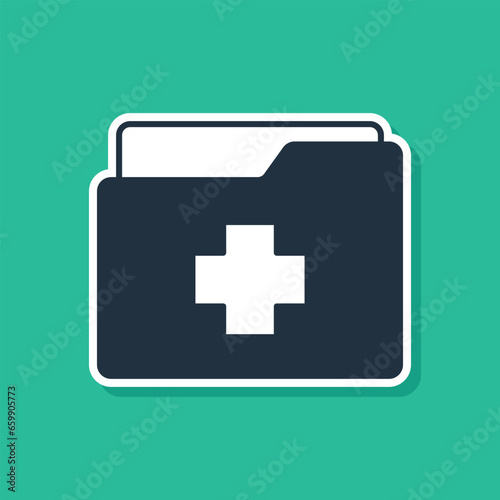 Blue Medical clipboard with clinical record icon isolated on green background. Prescription, medical check marks report. Vector