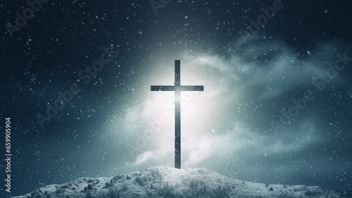Cross with snowfall in the sky