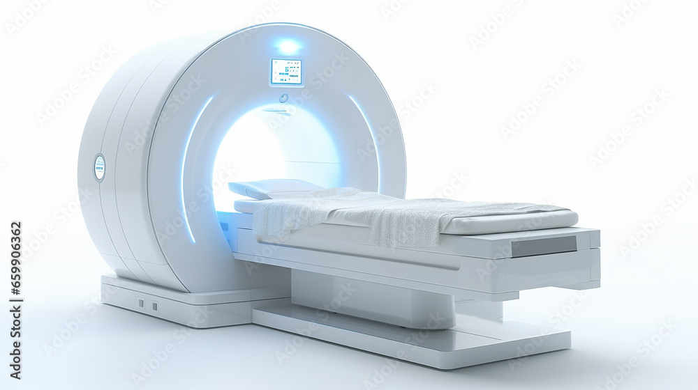 MRI machine on a white background. Generative AI MRI machine on a white background. Generative AI