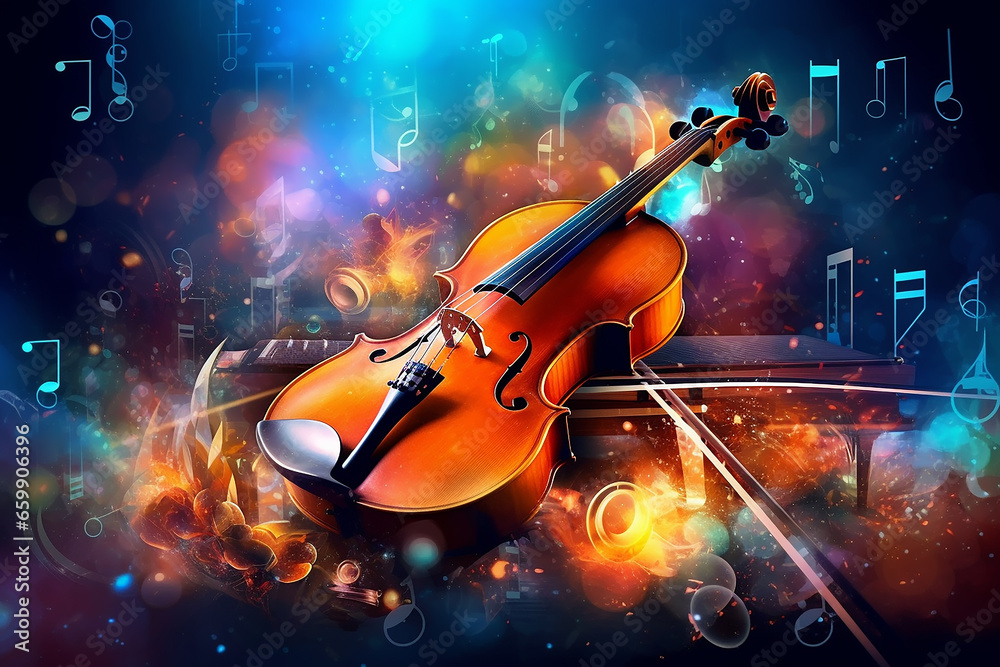 colorful neon background musical style theme abstract musical instruments 3d layout.