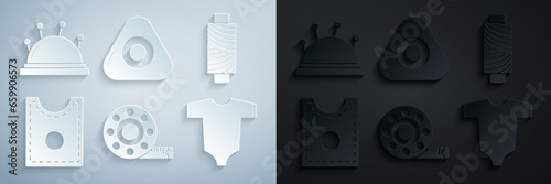 Set Tape measure, Sewing thread on spool, Pattern, Baby clothes, chalk and Needle bed and needles icon. Vector