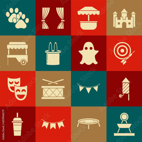 Set Attraction carousel, Firework rocket, Classic dart board and arrow, Magician hat rabbit ears, Fast street food cart with awning, Paw print and Ghost icon. Vector
