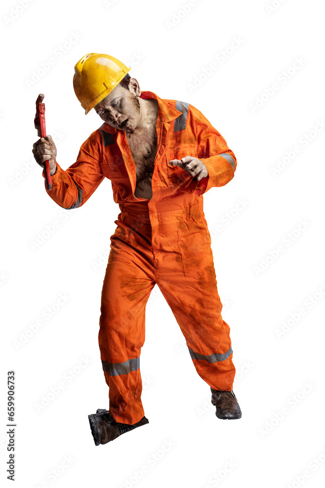 A scary construction worker zombie with blood and wounds on his body walking while carrying a pipe wrench A scary construction worker zombie with blood and wounds on his body walking while carrying a pipe wrench