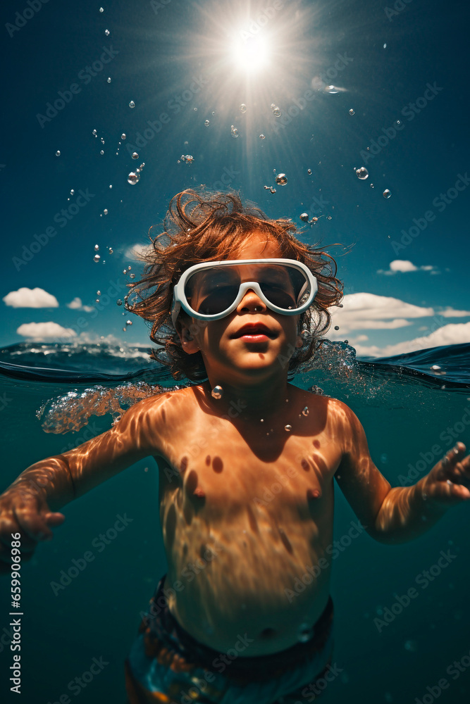 Fototapeta premium A child in sunglasses swims in the sea. Generative AI.