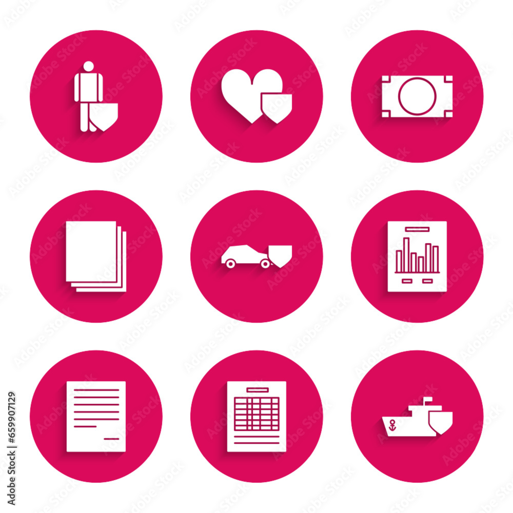 Set Car with shield, Report file document, Ship, Document graph chart, Clean paper, Stacks money cash and Life insurance icon. Vector Set Car with shield, Report file document, Ship, Document graph chart, Clean paper, Stacks money cash and Life insurance icon. Vector