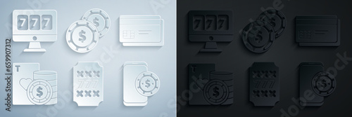 Set Slot machine with lucky sevens jackpot, Credit card, Casino chip and playing cards, Online poker table game, dollar and slot icon. Vector