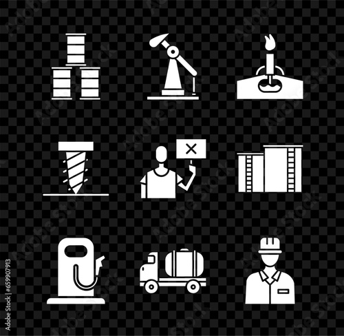 Set Barrel oil, Oil pump or pump jack, rig with fire, Petrol gas station, Tanker truck, Oilman, Rotating drill digging hole and Nature saving protest icon. Vector
