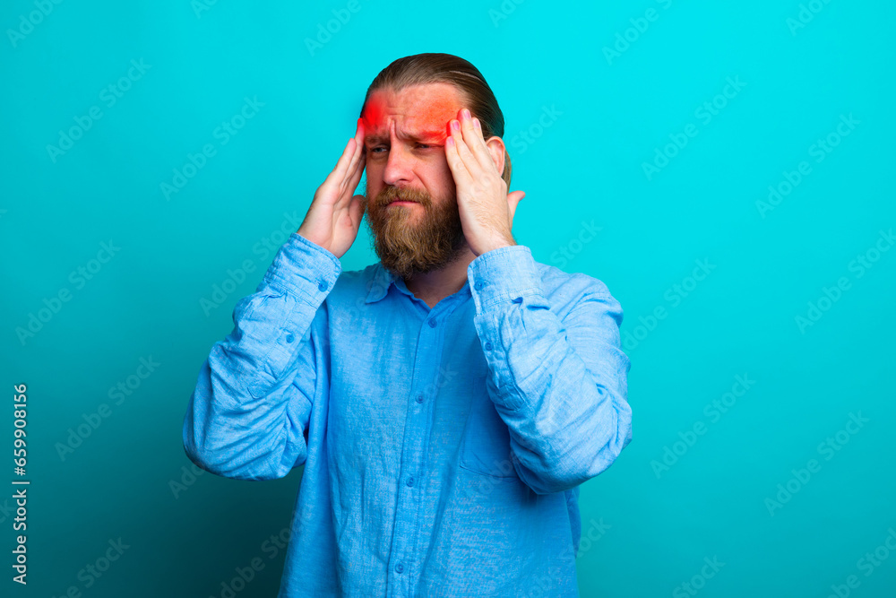 Elegant beard senior man over isolated background with hand on head for pain in head because stress. Suffering migraine.