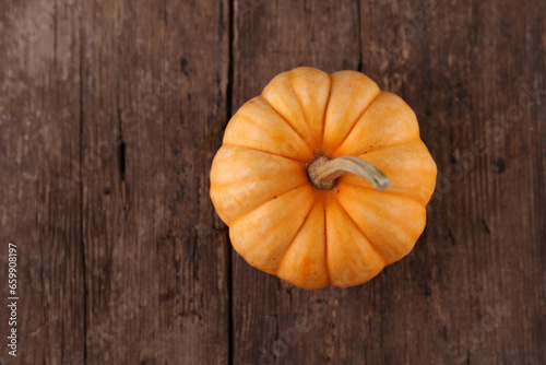 Small decorative pumpkin on a wooden background
