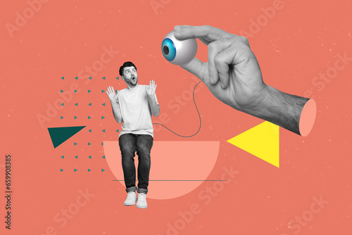 Fotografie Poster collage of young scared man terrified reaction nervous foreigner absurd e