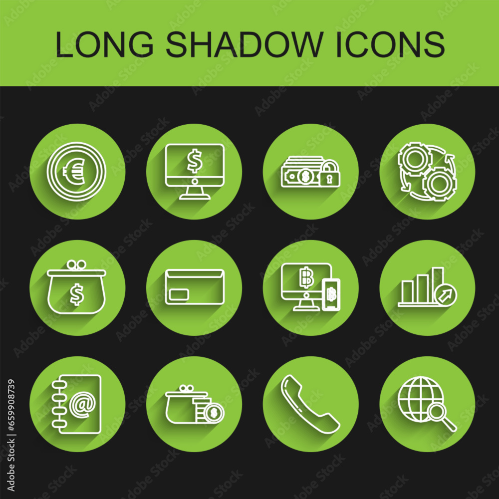 Set line Address book, Magnifying glass globe, Envelope, Presentation financial graph, schedule, chart, diagram, infographic, pie graph and Computer monitor mobile bitcoin icon. Vector Set line Address book, Magnifying glass globe, Envelope, Presentation financial graph, schedule, chart, diagram, infographic, pie graph and Computer monitor mobile bitcoin icon. Vector