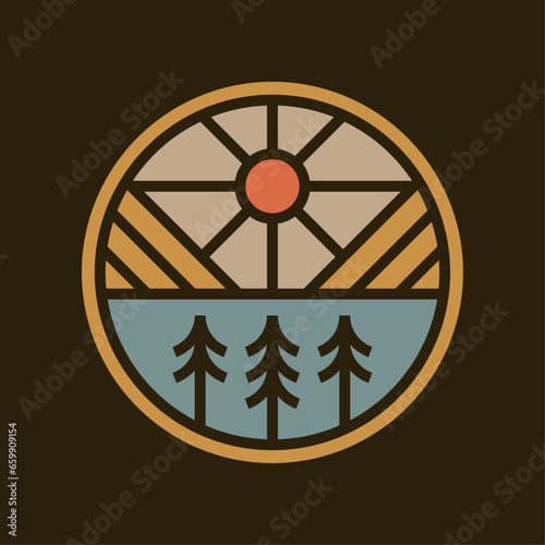 Mountain outdoor adventure circle emblem badge illustration
