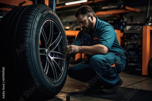 Tire shop worker changing a car wheel