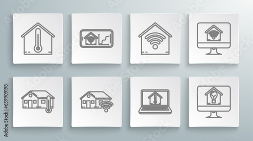 Set line House temperature, Mobile phone with smart home with wi-fi, Smart, Laptop house, Computer monitor and light bulb, and icon. Vector
