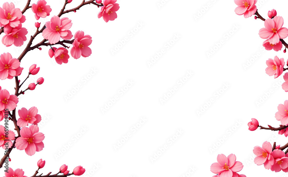Pink cherry blossom branches frame on transparent background. 
