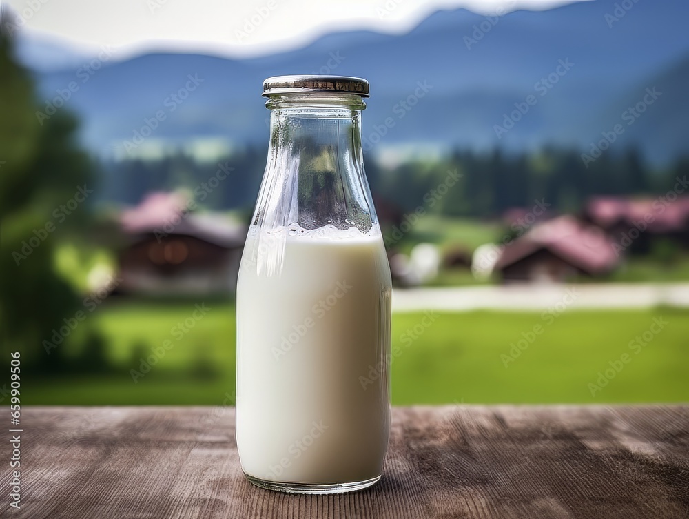 Bottle of homemade village milk against the backdrop of the village. AI Bottle of homemade village milk against the backdrop of the village. AI