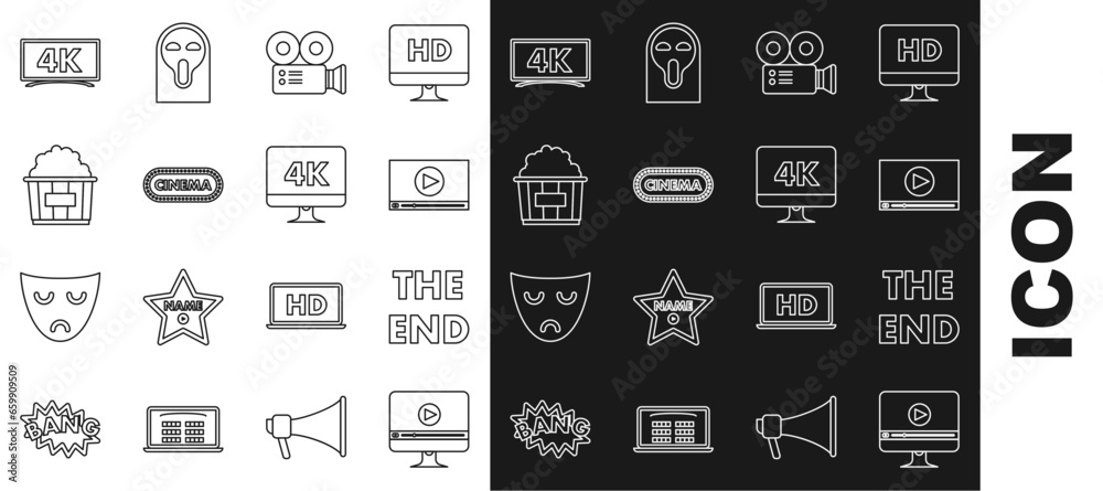 Set line Online play video, The End handwritten inscription, Cinema camera, poster design template, Popcorn cardboard box, and Computer PC monitor with 4k technology icon. Vector Set line Online play video, The End handwritten inscription, Cinema camera, poster design template, Popcorn cardboard box, and Computer PC monitor with 4k technology icon. Vector