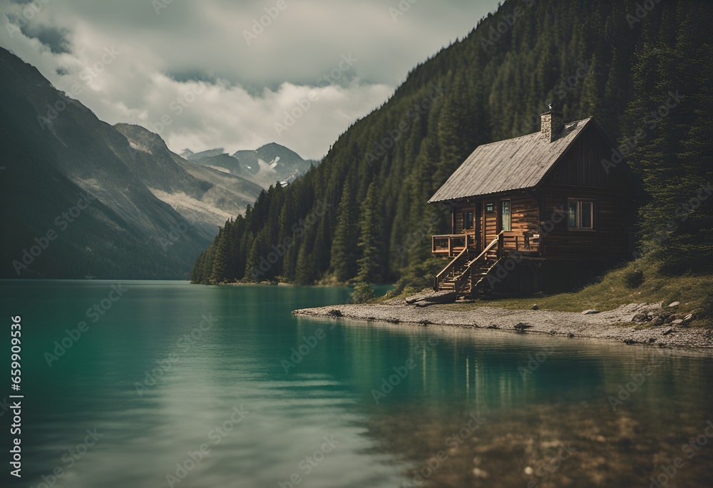cabin, lake and mountains.