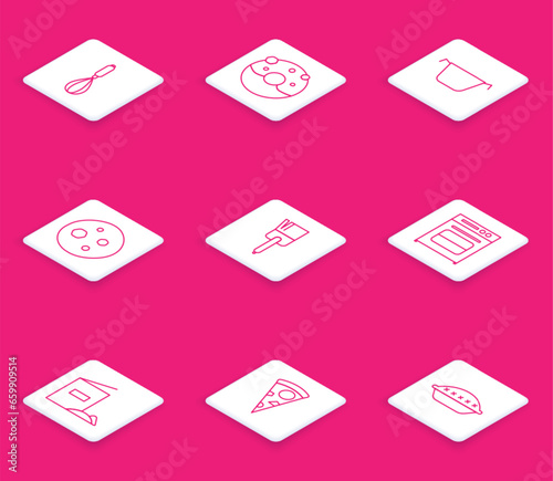 Set line Kitchen whisk, Donut with sweet glaze, Cooking pot, Cookie or biscuit chocolate, brush, Oven, Flour pack and Slice of pizza icon. Vector