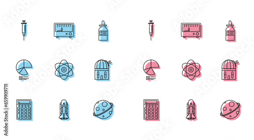 Set line Calculator, Space shuttle and rockets, Syringe, Planet, Atom, Astronomical observatory, Pie chart infographic and Electrical measuring instruments icon. Vector