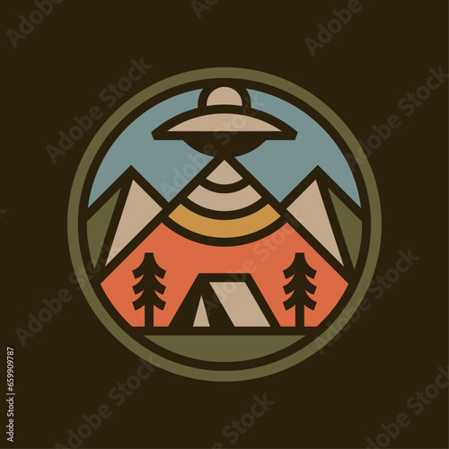 Mountain outdoor adventure circle emblem badge illustration with UFO
