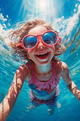 A child in sunglasses swims in the sea. Generative AI. © yanadjan