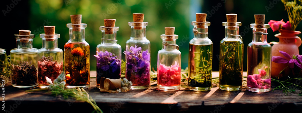Tincture of herbs and flowers in a bottle. Generative AI. Tincture of herbs and flowers in a bottle. Generative AI.