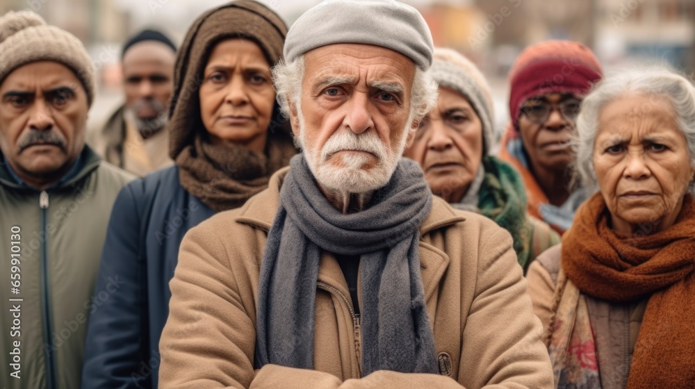 Seniors from different cultures protest together in the city. Seniors from different cultures protest together in the city.