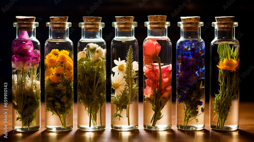Tincture of herbs and flowers in a bottle. Generative AI. - obrazy, fototapety, plakaty 