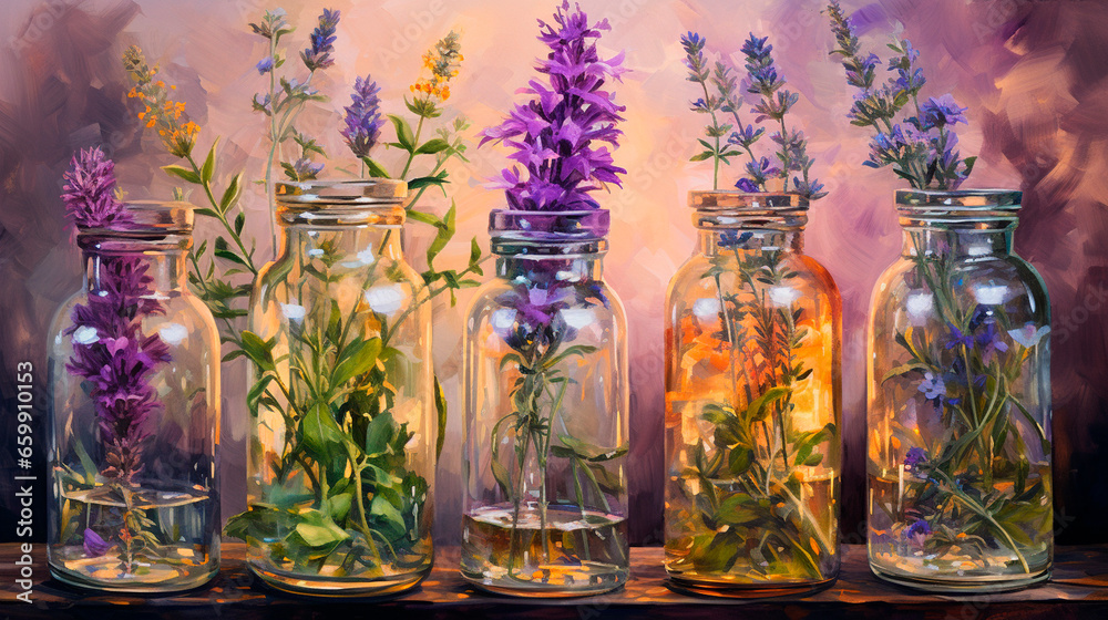Tincture of herbs and flowers in a bottle. Generative AI. Tincture of herbs and flowers in a bottle. Generative AI.