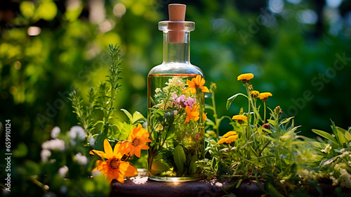 Tincture of herbs and flowers in a bottle. Generative AI.