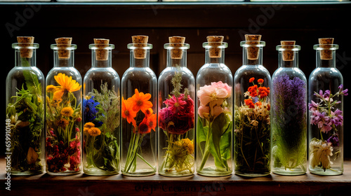 Tincture of herbs and flowers in a bottle. Generative AI.