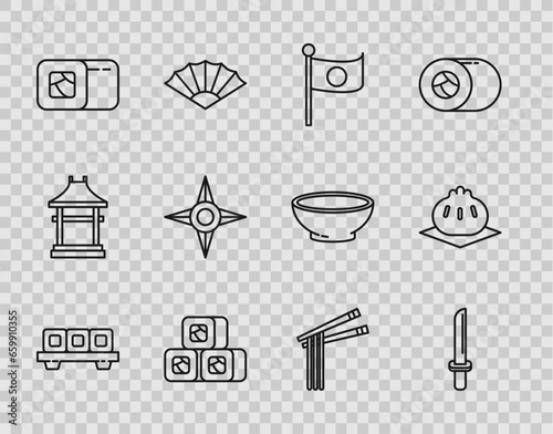 Set line Sushi on cutting board, Japanese katana, National flag of pole, ninja shuriken, Asian noodles and chopsticks and Khinkali icon. Vector