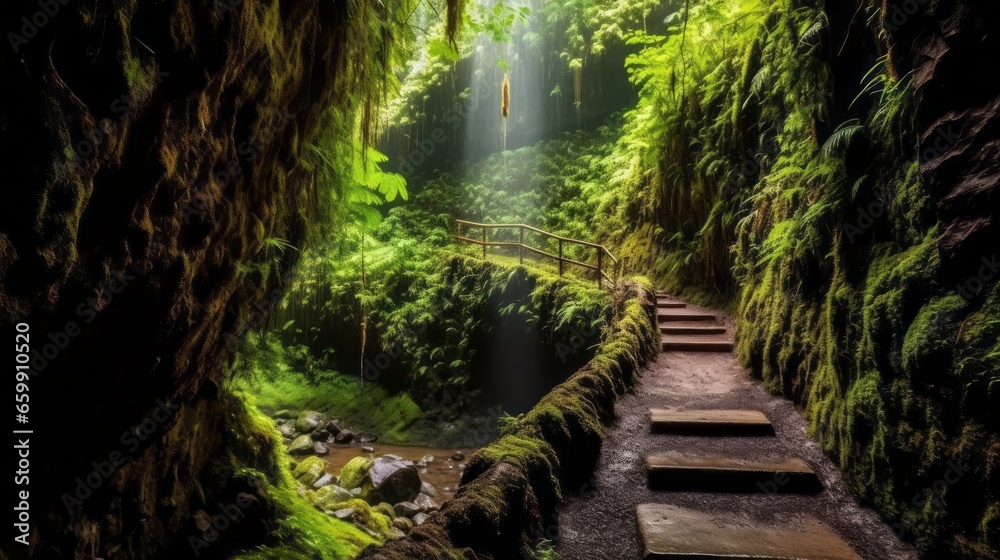 Fototapeta premium Зassage through rocks in a green rainforest. Ancient cave of local tribes. Shelter formation in the rocky terrain of the rainforest. Famous tourist destination. Ai generated.