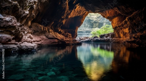 Flooded passage through a grotto in the mountains. Ancient cave of local tribes. Shelter formation in the rocky terrain with stalactites hanging from the top. Famous tourist location © Valua Vitaly