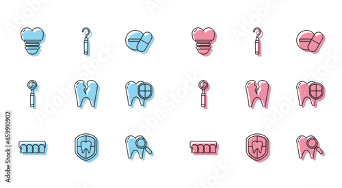Set line Dentures model, Dental protection, implant, search, Broken tooth, inspection mirror and explorer scaler for teeth icon. Vector