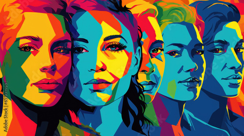 Diverse and Expressive: Powerful LGBT+ Pop Art Celebrates Unity with Striking Rainbow Symbols and Vibrant Visual Spectrum, Emphasizing Legalization and Inclusive Representation in the Multiracial LGBT