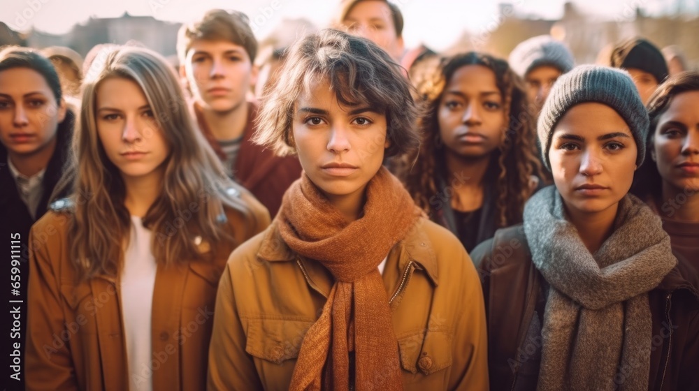 A powerful image of youth activism, with boys and girls protesting in the city.