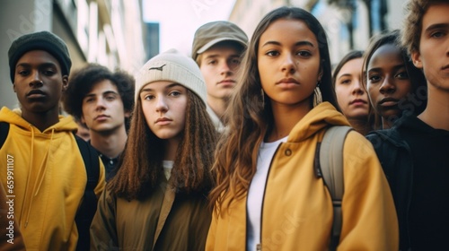 A powerful image of youth activism, with boys and girls protesting in the city.