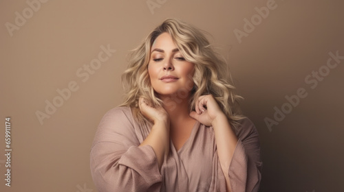 portrait of beautiful plus size young blond woman posing at home