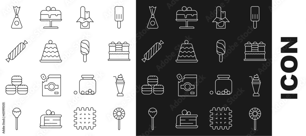 Set line Lollipop, Milkshake, Cake, Chocolate bar, Candy, and Ice cream icon. Vector Set line Lollipop, Milkshake, Cake, Chocolate bar, Candy, and Ice cream icon. Vector