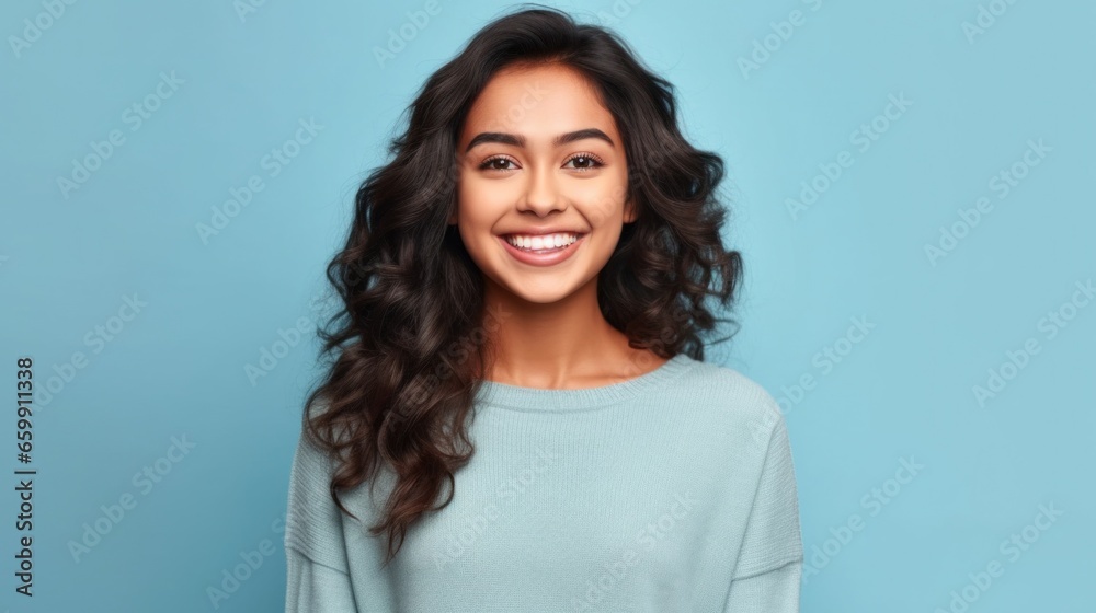 A lively and spirited young lady showcasing her infectious happiness in a studio portrait, grinning from ear to ear.