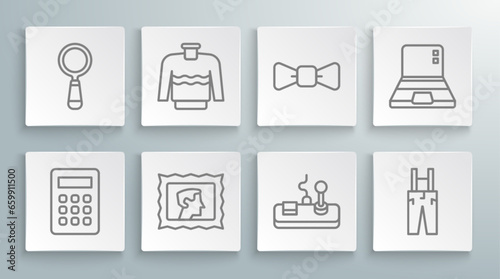 Set line Calculator, Sweater, Postal stamp, Gamepad, Pants with suspenders, Bow tie, Laptop and Magnifying glass icon. Vector