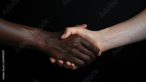 the concept of friendship between clans of different nationalities. handshake between black and european man. hands close-up on black background 